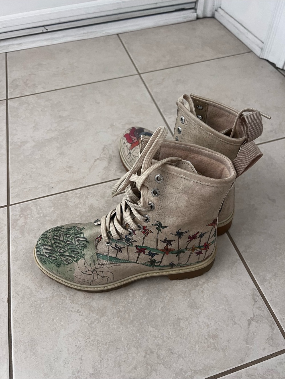 DOGO Beige Lace-Up Ankle Boots with Colorful Pinwheel Design
